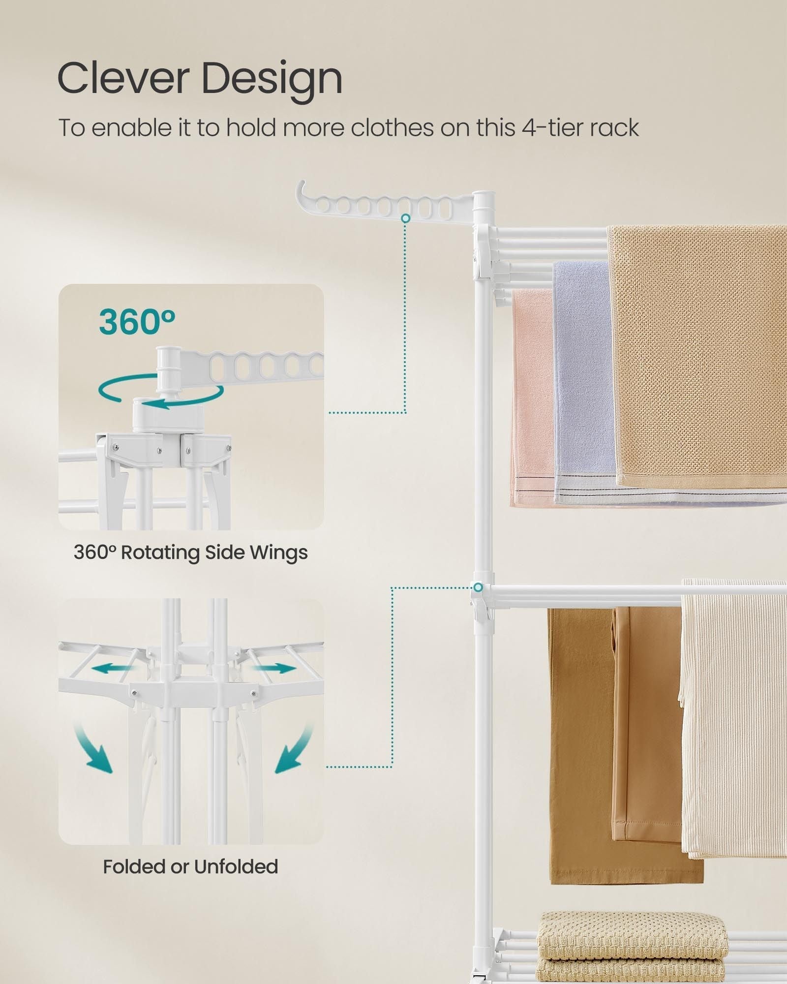 4-Tier Clothes Drying Rack - Stainless Steel - Cloud White - Foldable with Expandable Wings for Indoor/Outdoor Use