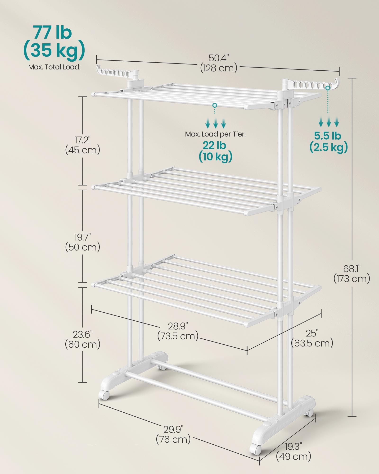 4-Tier Clothes Drying Rack - Stainless Steel - Cloud White - Foldable with Expandable Wings for Indoor/Outdoor Use