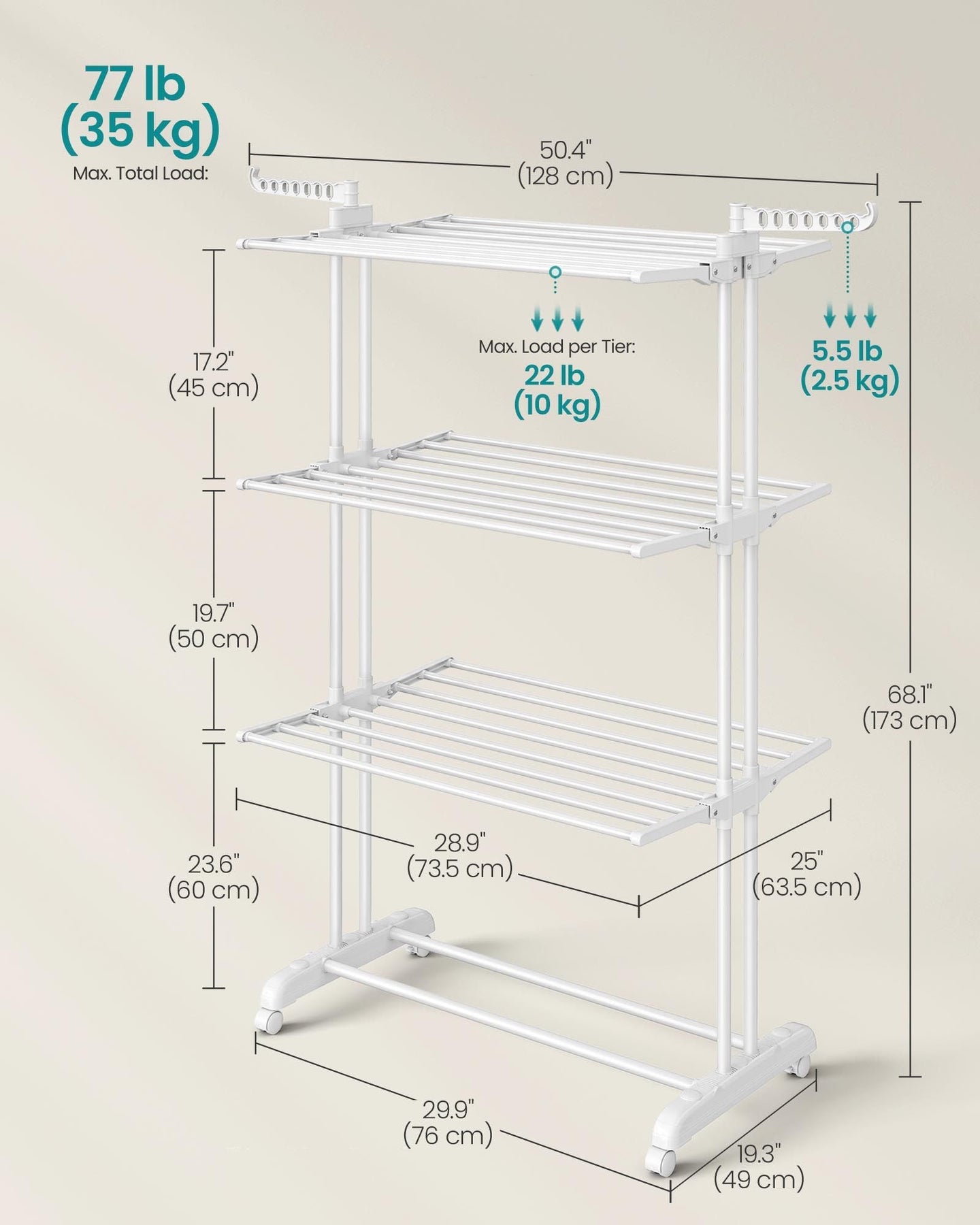 4-Tier Clothes Drying Rack - Stainless Steel - Cloud White - Foldable with Expandable Wings for Indoor/Outdoor Use