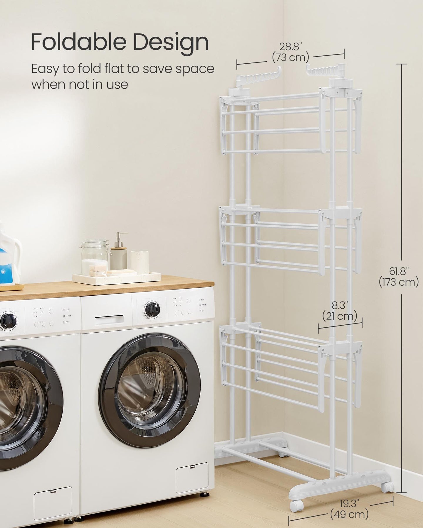 4-Tier Clothes Drying Rack - Stainless Steel - Cloud White - Foldable with Expandable Wings for Indoor/Outdoor Use