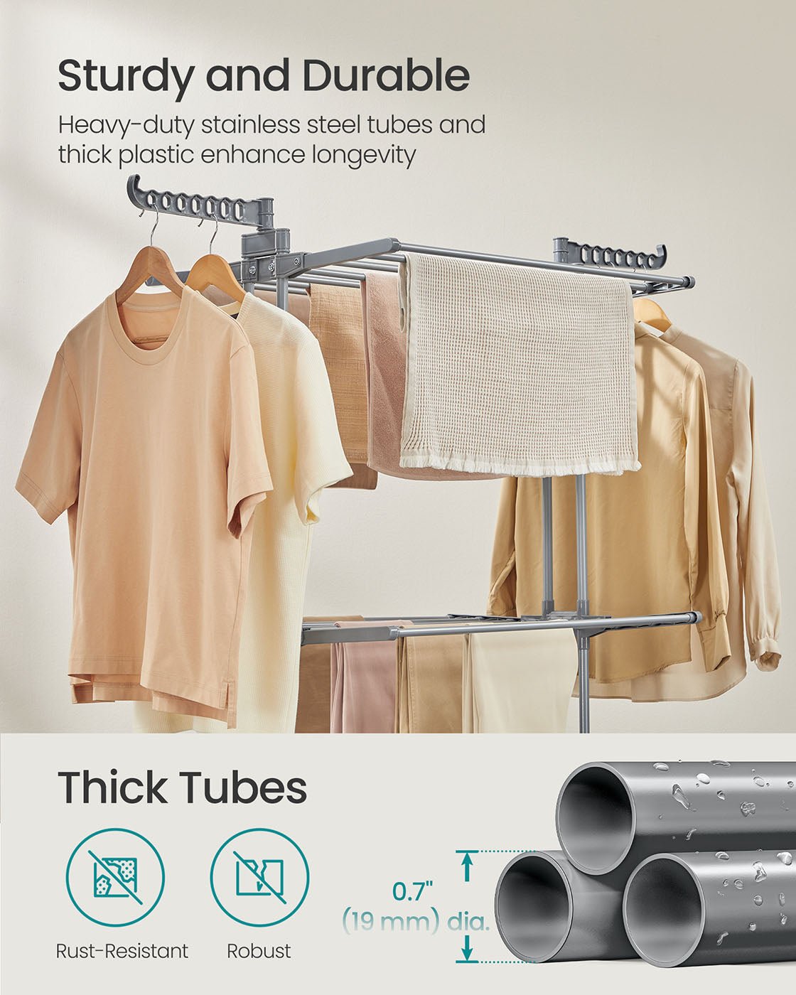 Large Clothes Drying Rack - Stainless Steel - Dove Grey - Foldable and Moveable with 4 Tiers