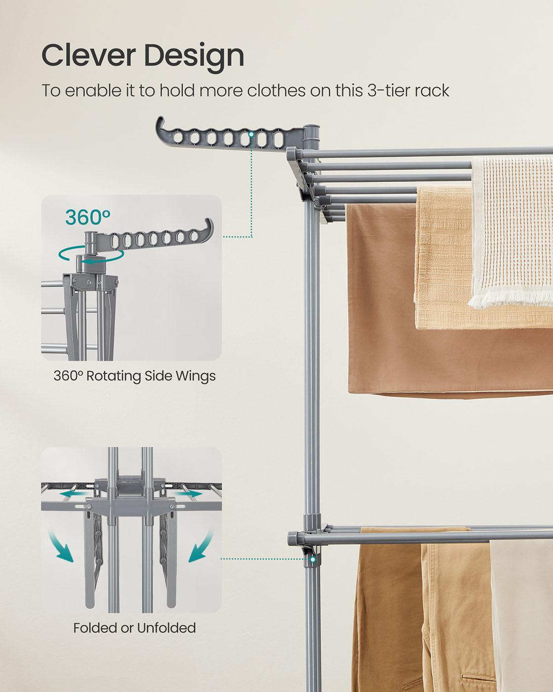 Large Clothes Drying Rack - Stainless Steel - Dove Grey - Foldable and Moveable with 4 Tiers