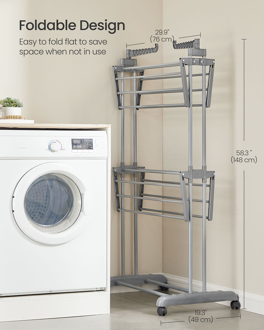 Large Clothes Drying Rack - Stainless Steel - Dove Grey - Foldable and Moveable with 4 Tiers
