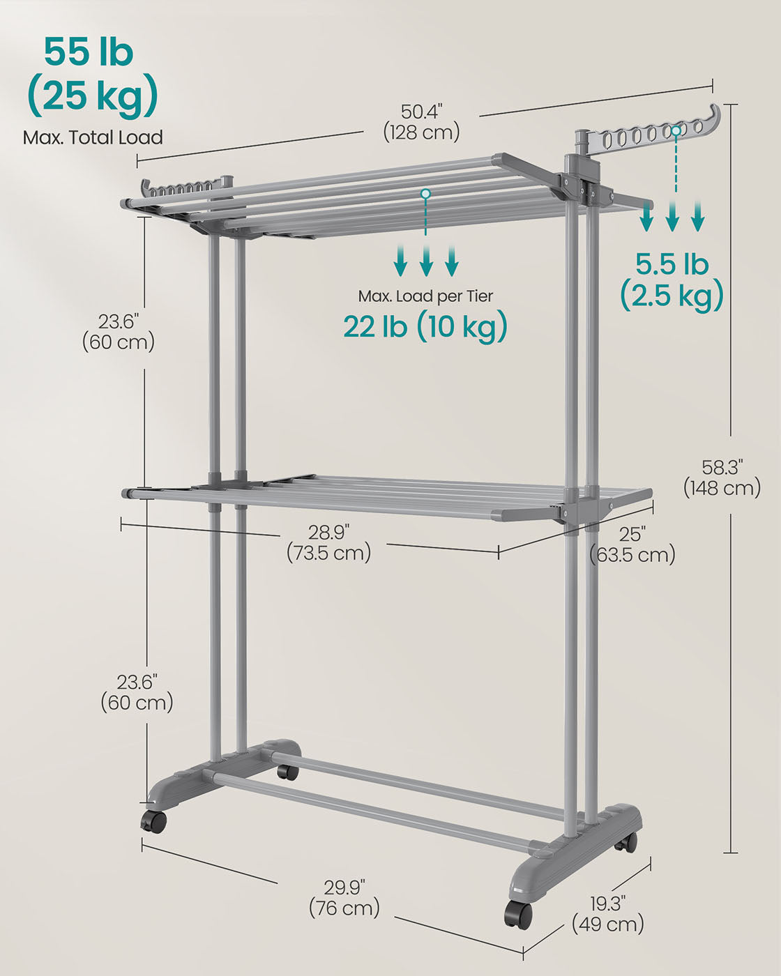 Large Clothes Drying Rack - Stainless Steel - Dove Grey - Foldable and Moveable with 4 Tiers