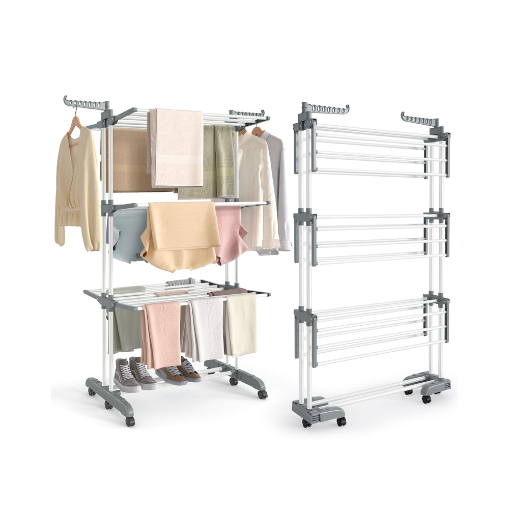 Foldable Clothes Airer - 4-Tier Moveable Design - Stainless Steel - Grey