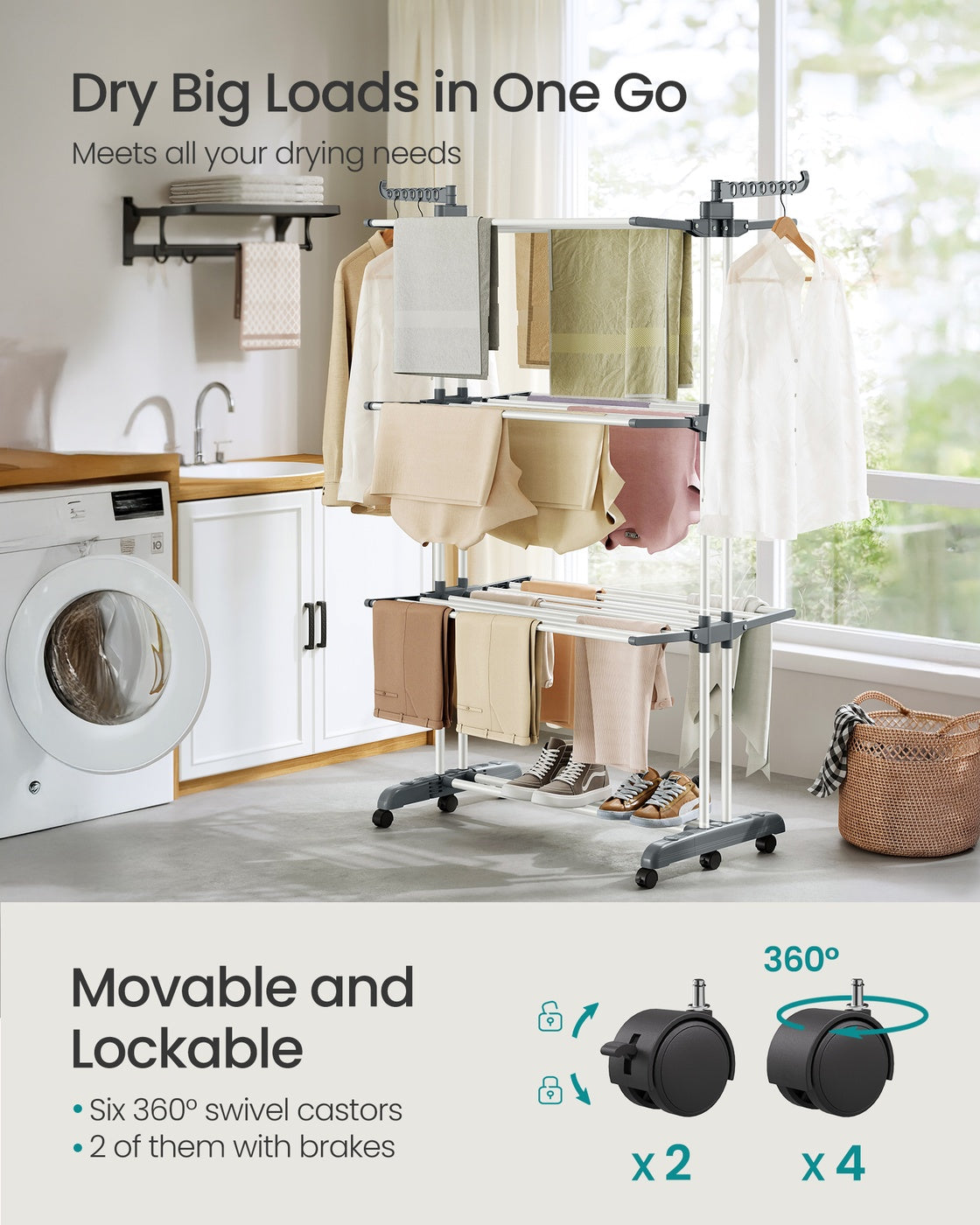 Foldable Clothes Airer - 4-Tier Moveable Design - Stainless Steel - Grey
