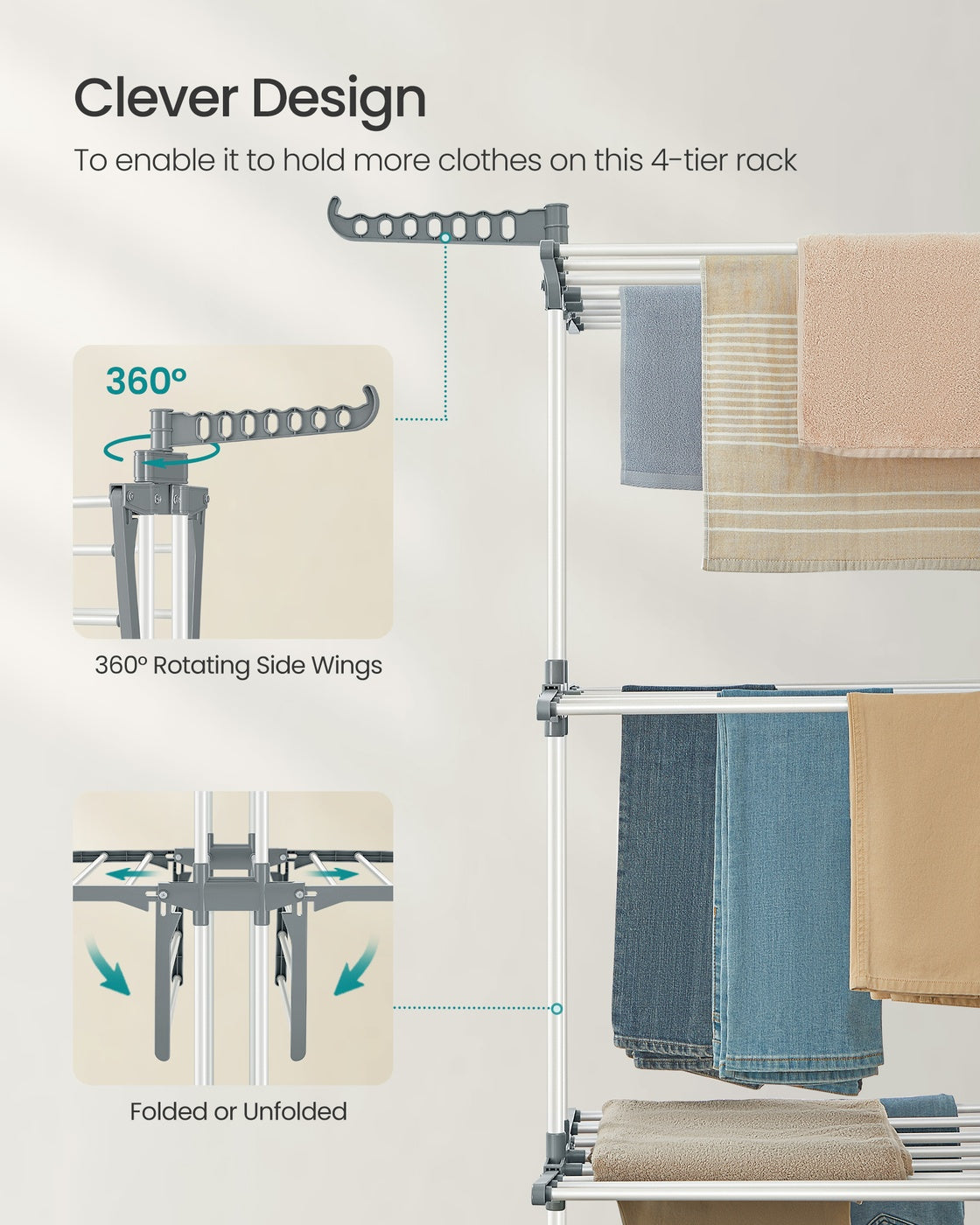 Foldable Clothes Airer - 4-Tier Moveable Design - Stainless Steel - Grey