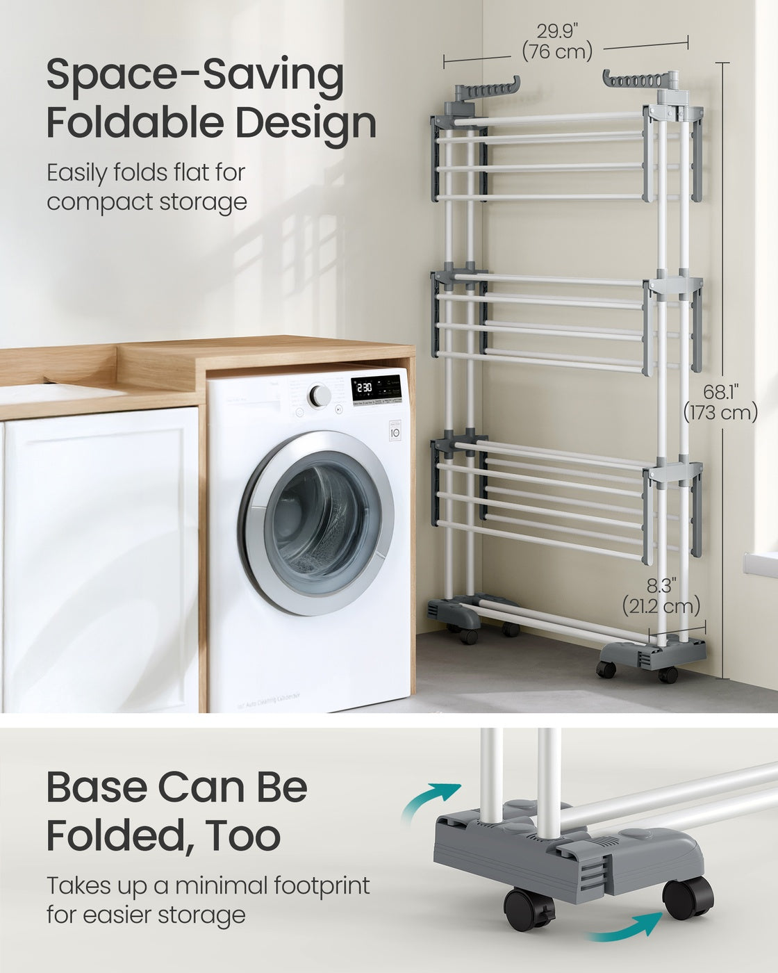 Foldable Clothes Airer - 4-Tier Moveable Design - Stainless Steel - Grey