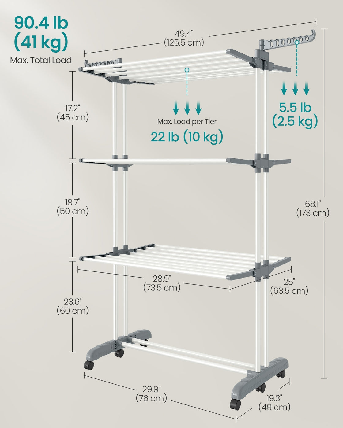 Foldable Clothes Airer - 4-Tier Moveable Design - Stainless Steel - Grey