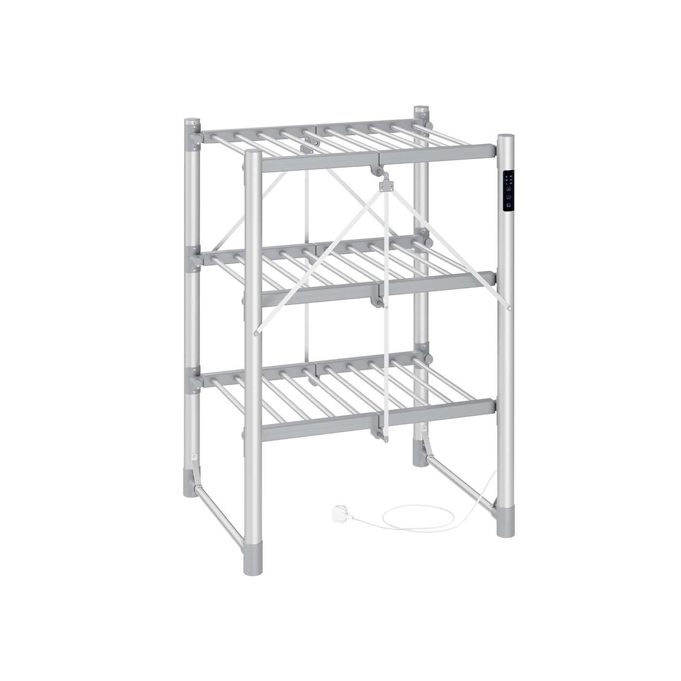 Heated Clothes Airer - Aluminium Alloy - Silver - Foldable with Fabric Cover and Control Panel