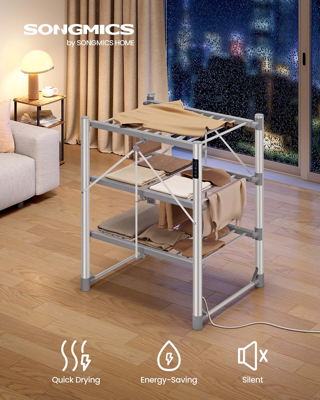 Heated Clothes Airer - Aluminium Alloy - Silver - Foldable with Fabric Cover and Control Panel