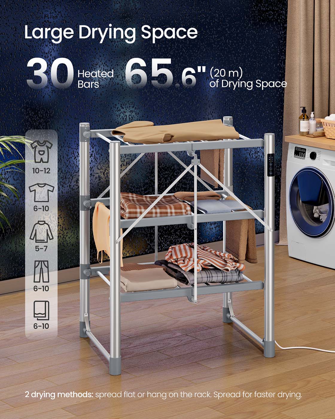 Heated Clothes Airer - Aluminium Alloy - Silver - Foldable with Fabric Cover and Control Panel
