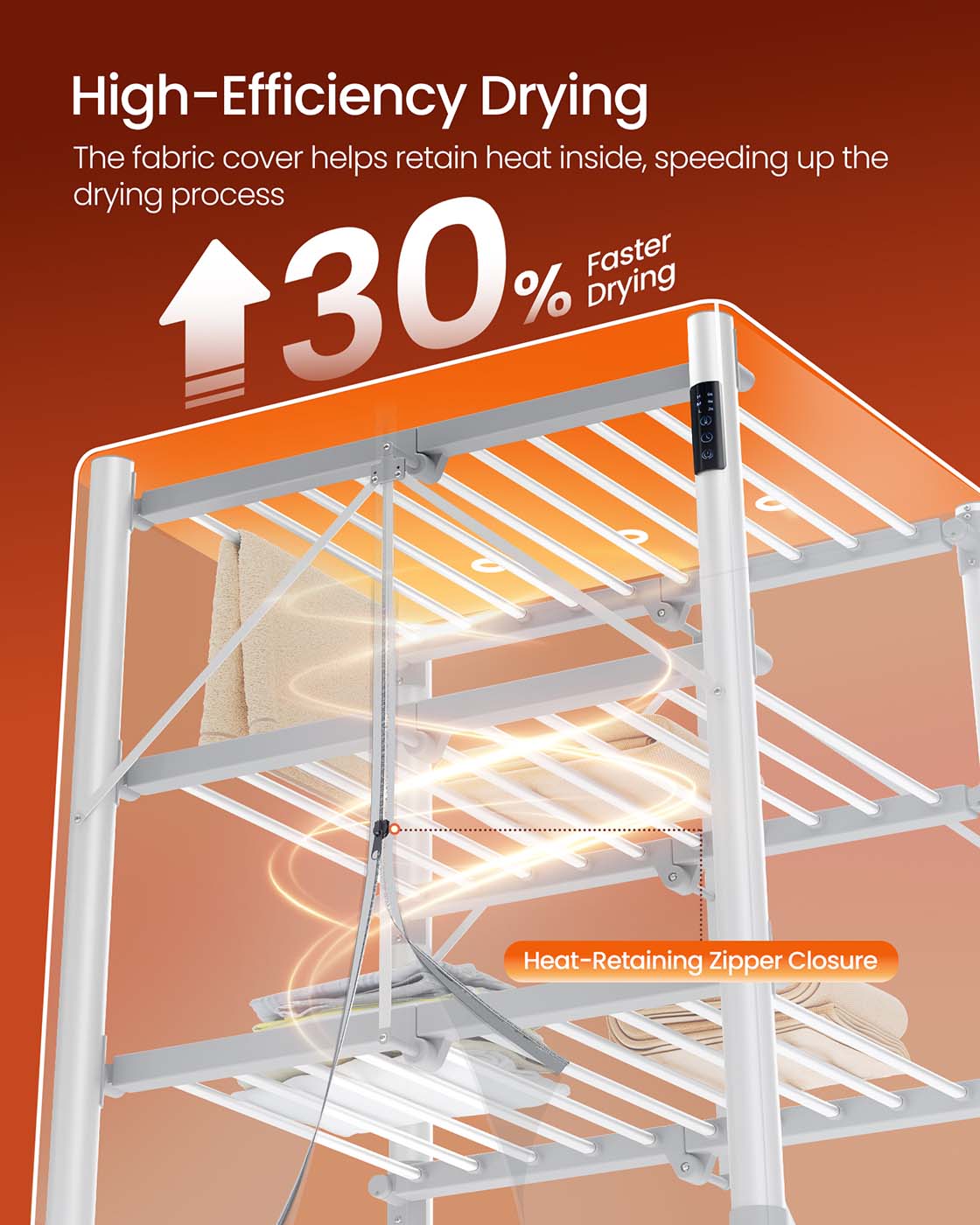 Heated Clothes Airer - Aluminium Alloy - Silver - Foldable with Fabric Cover and Control Panel