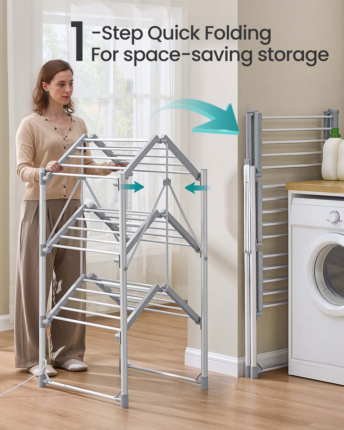 Heated Clothes Airer - Aluminium Alloy - Silver - Foldable with Fabric Cover and Control Panel