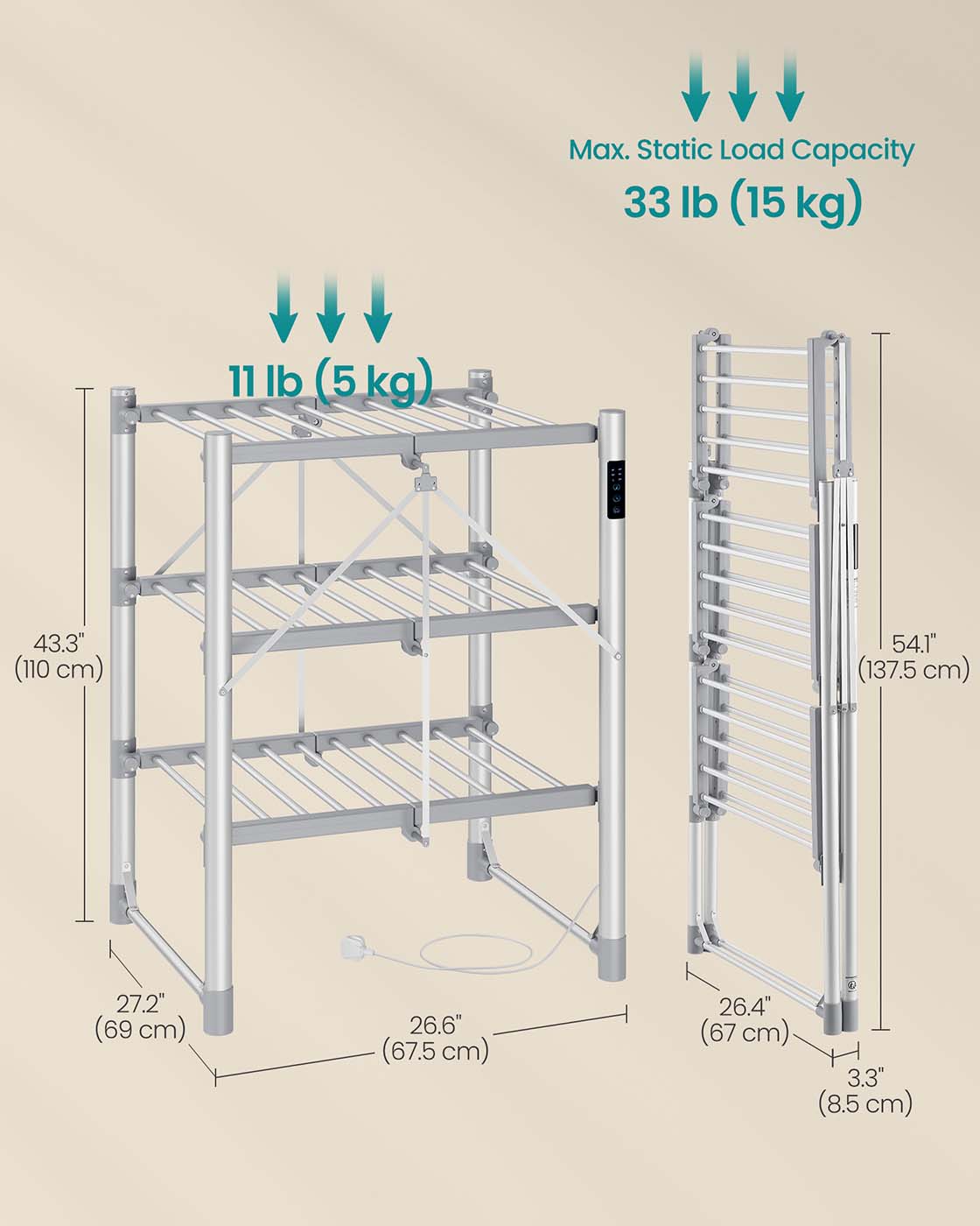 Heated Clothes Airer - Aluminium Alloy - Silver - Foldable with Fabric Cover and Control Panel