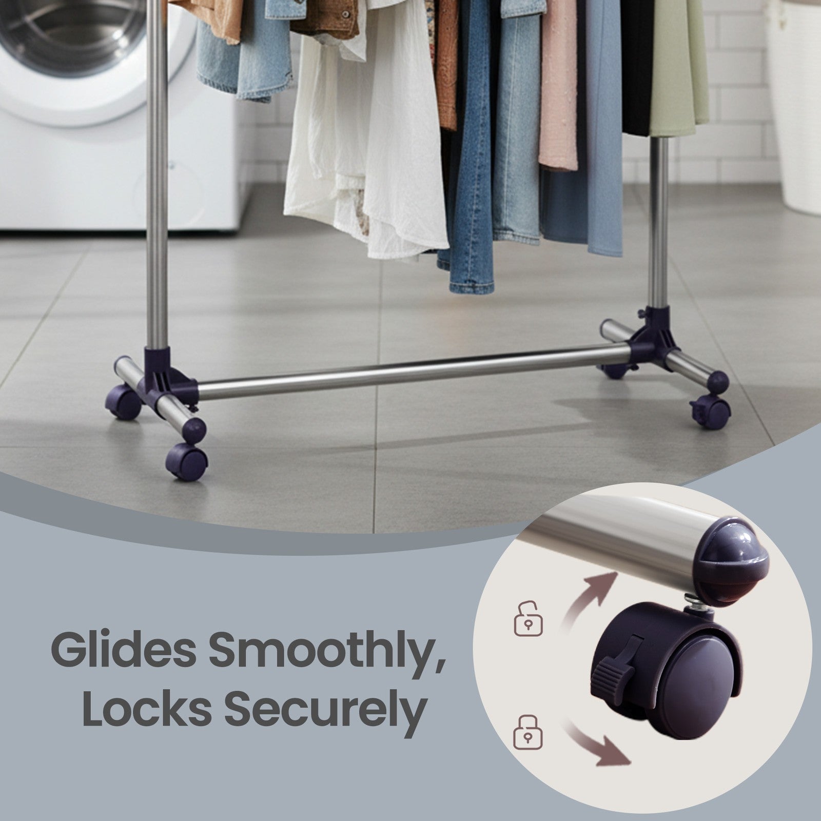 Mobile Clothes Rack - Steel and Plastic - Silver - with Casters