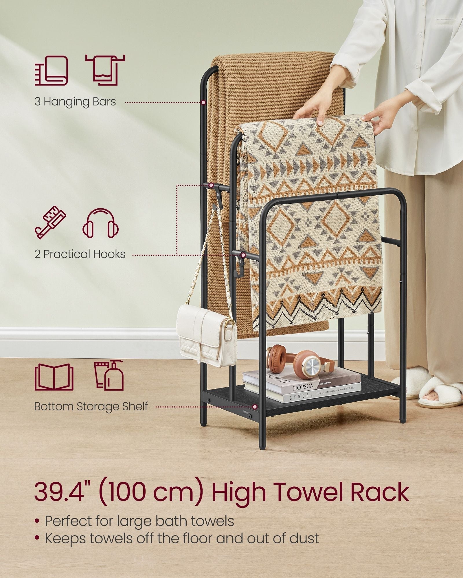 Freestanding Towel Rack - Metal - Ink Black - 3-Bar with 2 Hooks and Storage Shelf