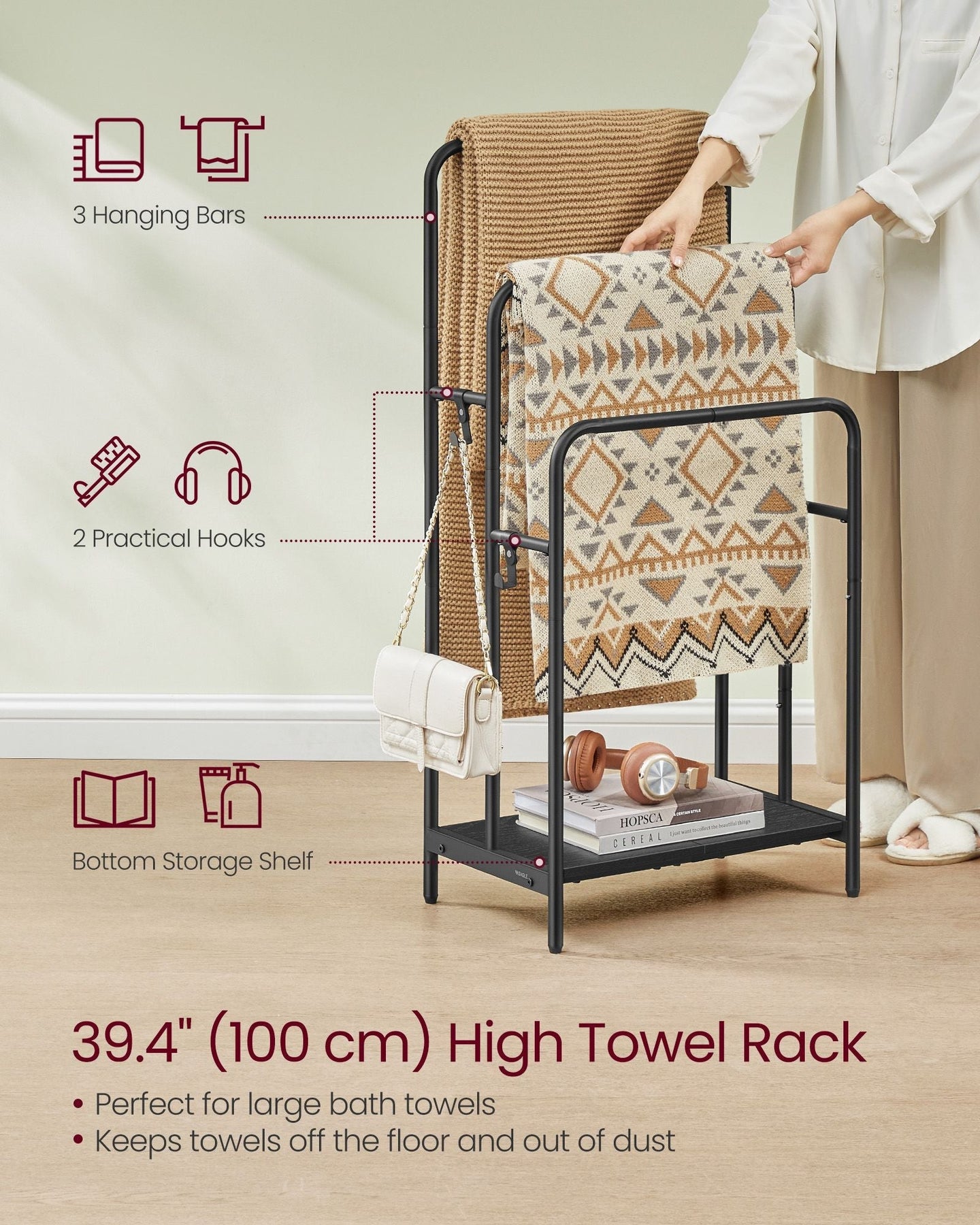 Freestanding Towel Rack - Metal - Ink Black - 3-Bar with 2 Hooks and Storage Shelf