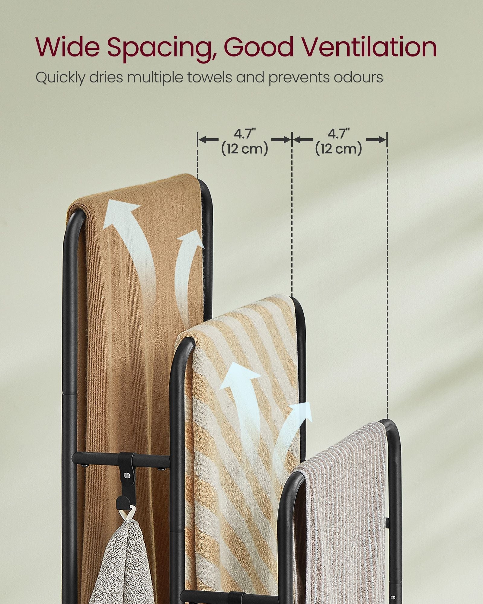 Freestanding Towel Rack - Metal - Ink Black - 3-Bar with 2 Hooks and Storage Shelf