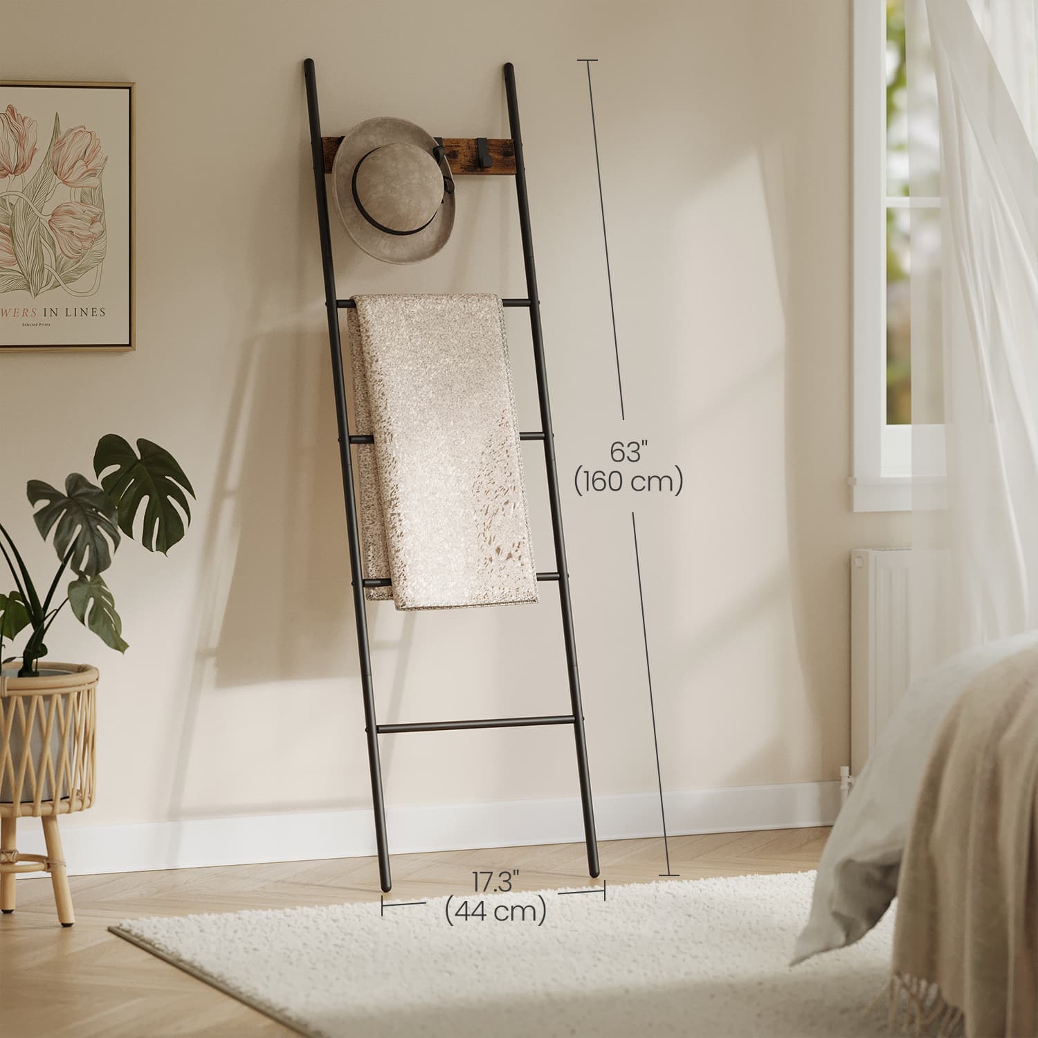 5-Tier Ladder Shelf - Metal - Black - Space-Saving with 4 Removable Hooks