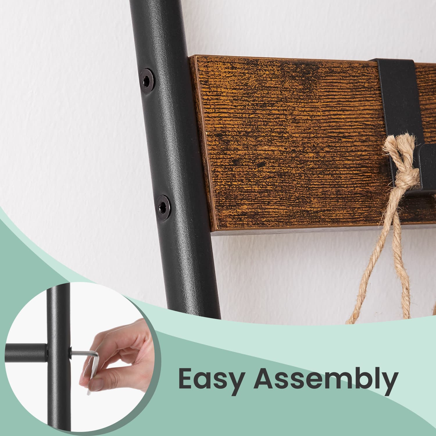 5-Tier Ladder Shelf - Metal - Black - Space-Saving with 4 Removable Hooks