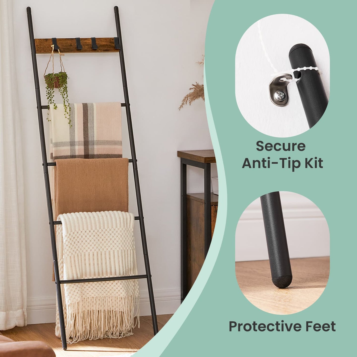5-Tier Ladder Shelf - Metal - Black - Space-Saving with 4 Removable Hooks