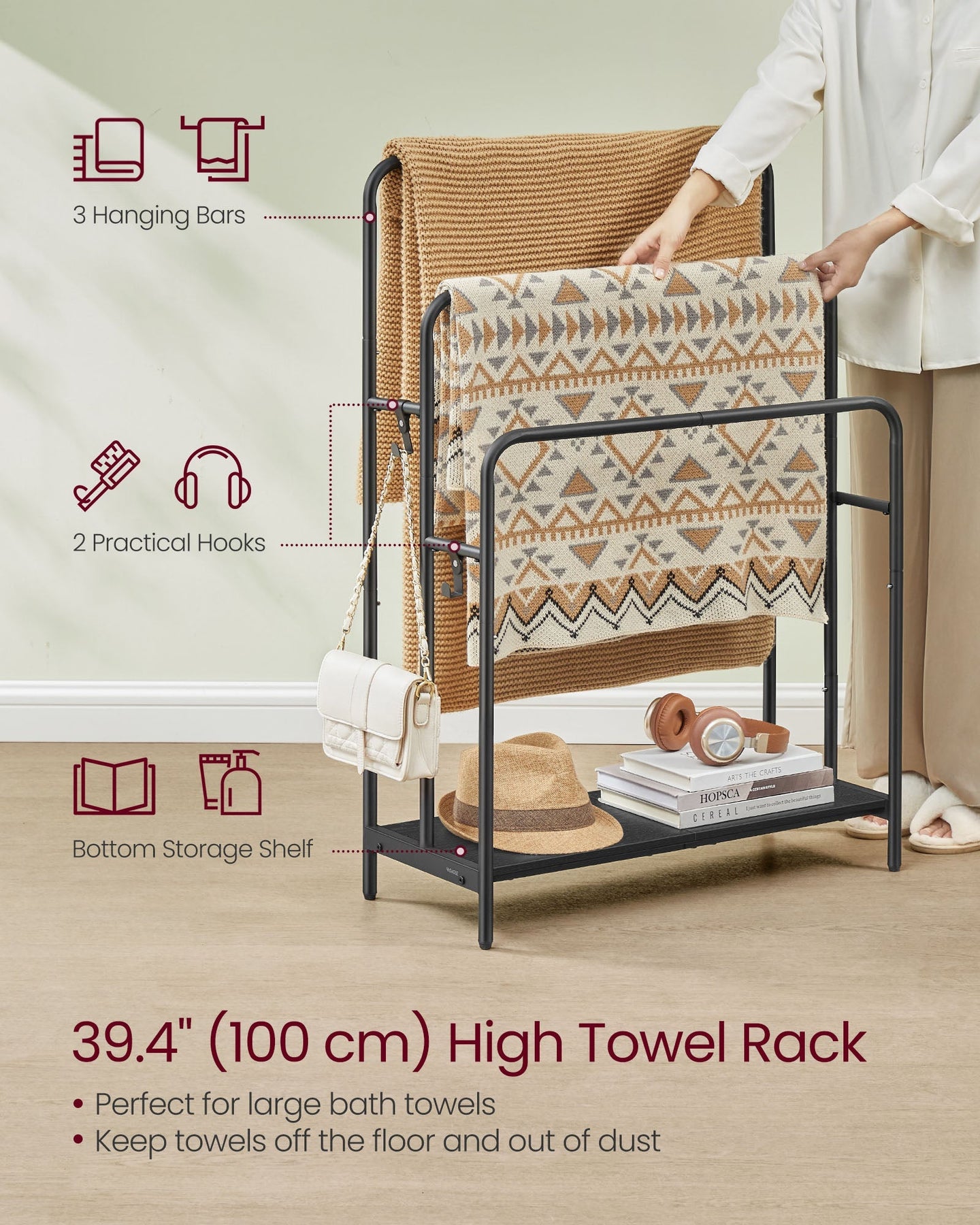 Freestanding Towel Rack - 3-Bar with 2 Hooks - Metal - Ink Black