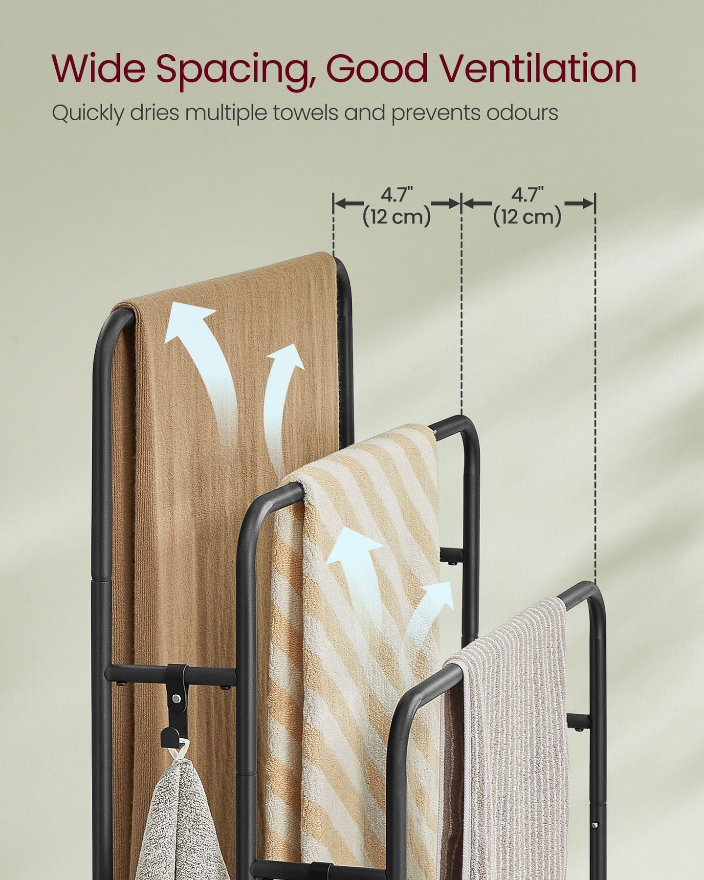 Freestanding Towel Rack - 3-Bar with 2 Hooks - Metal - Ink Black