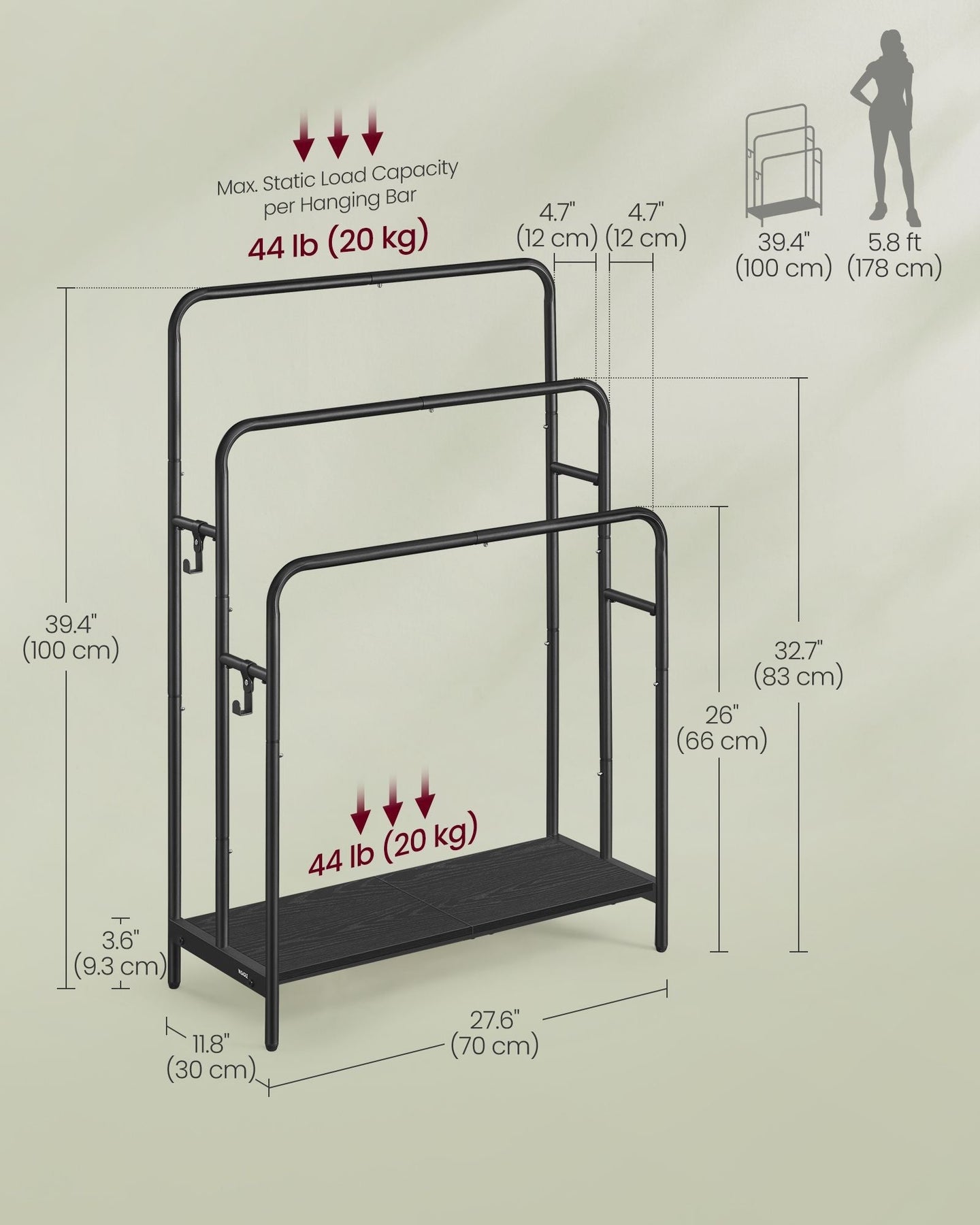 Freestanding Towel Rack - 3-Bar with 2 Hooks - Metal - Ink Black