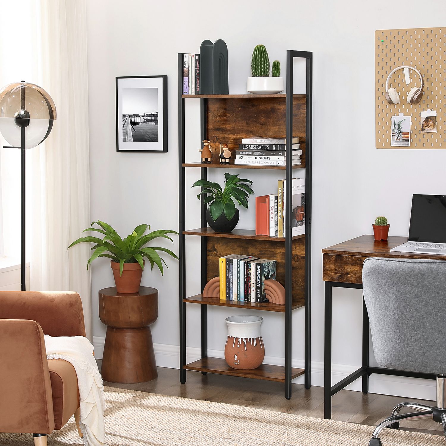 5-Tier Bookcase - Steel - Rustic Brown and Black - Stable Structure