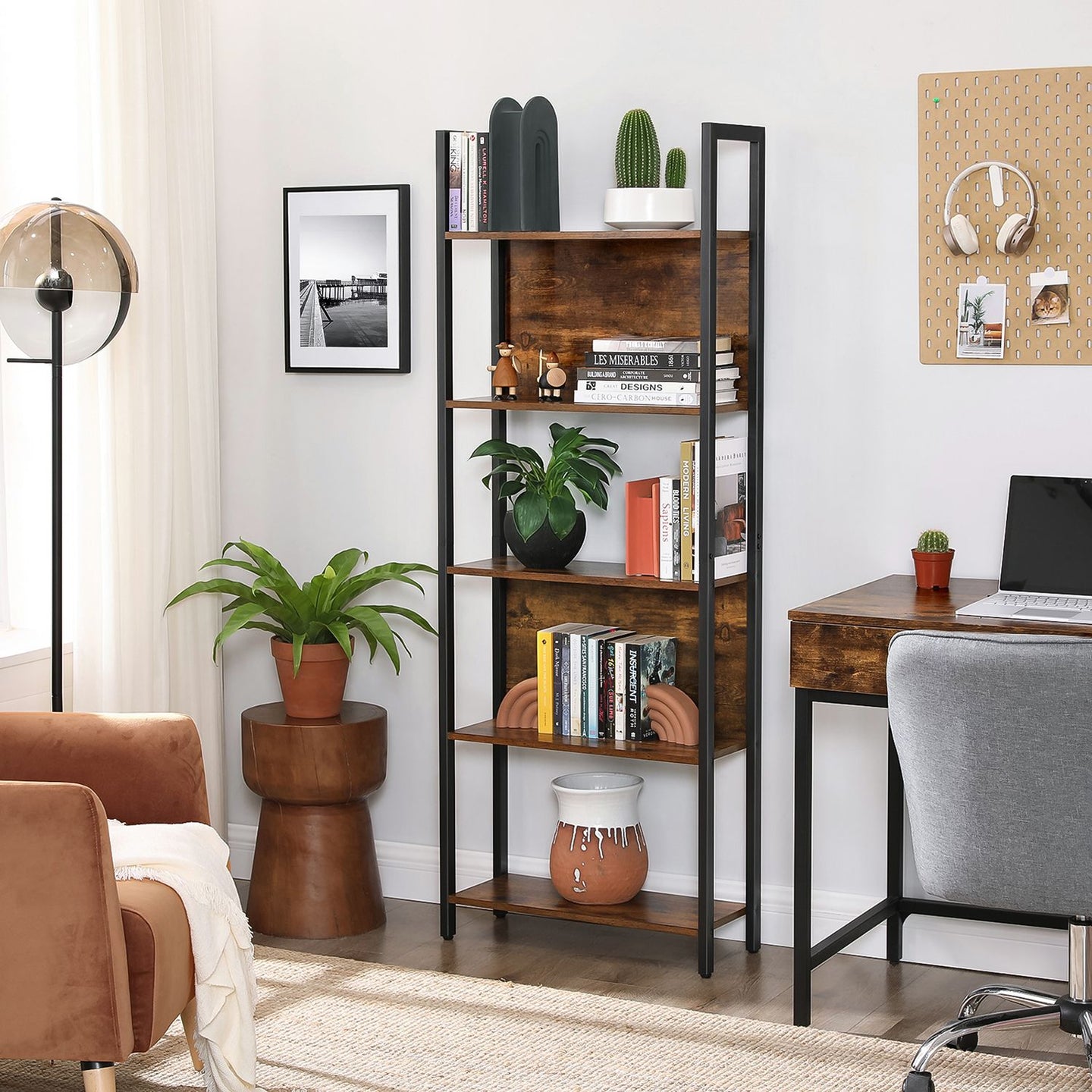 5-Tier Bookcase - Steel - Rustic Brown and Black - Stable Structure
