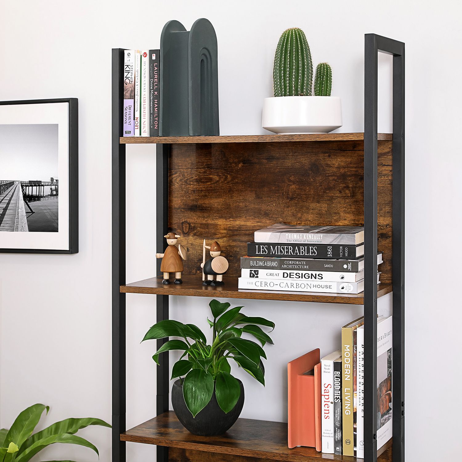 5-Tier Bookcase - Steel - Rustic Brown and Black - Stable Structure