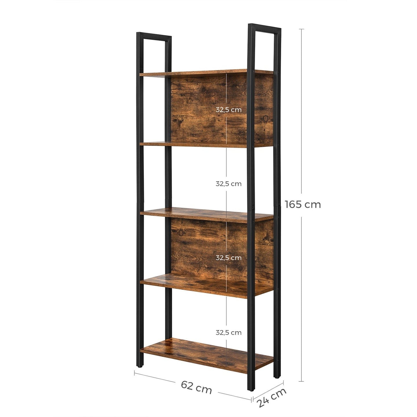 5-Tier Bookcase - Steel - Rustic Brown and Black - Stable Structure