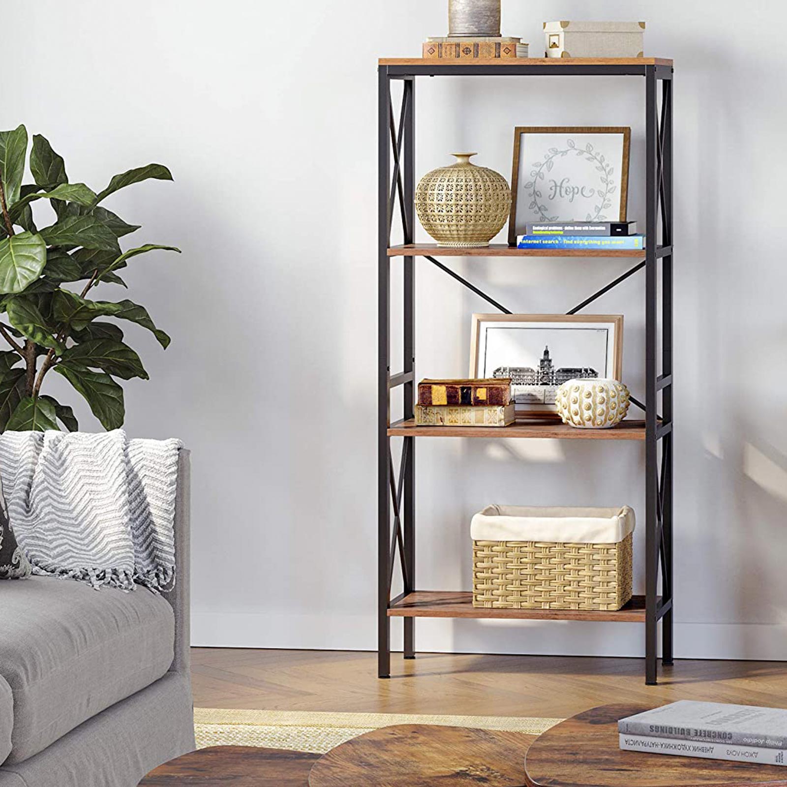 Ladder Rack - 4 Open Shelves - Steel - Rustic Brown and Black