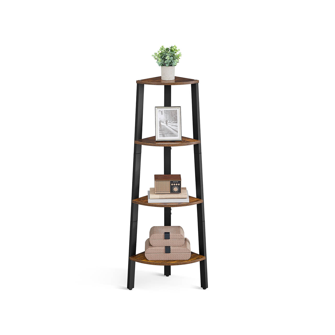 Corner Shelf Rack - 4-Tier Industrial Design - Wood - Rustic Brown - Organize with Style