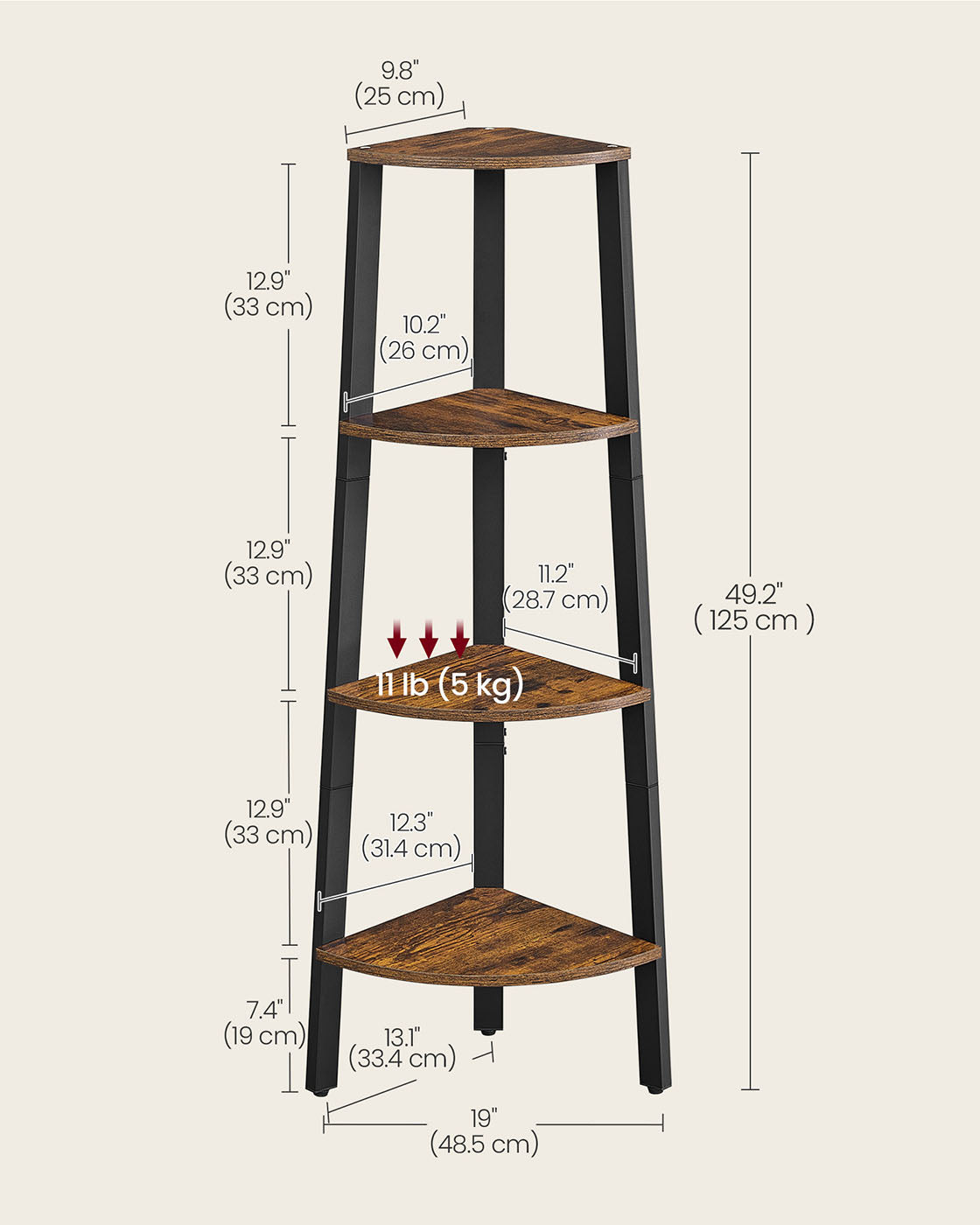 Corner Shelf Rack - 4-Tier Industrial Design - Wood - Rustic Brown - Organize with Style