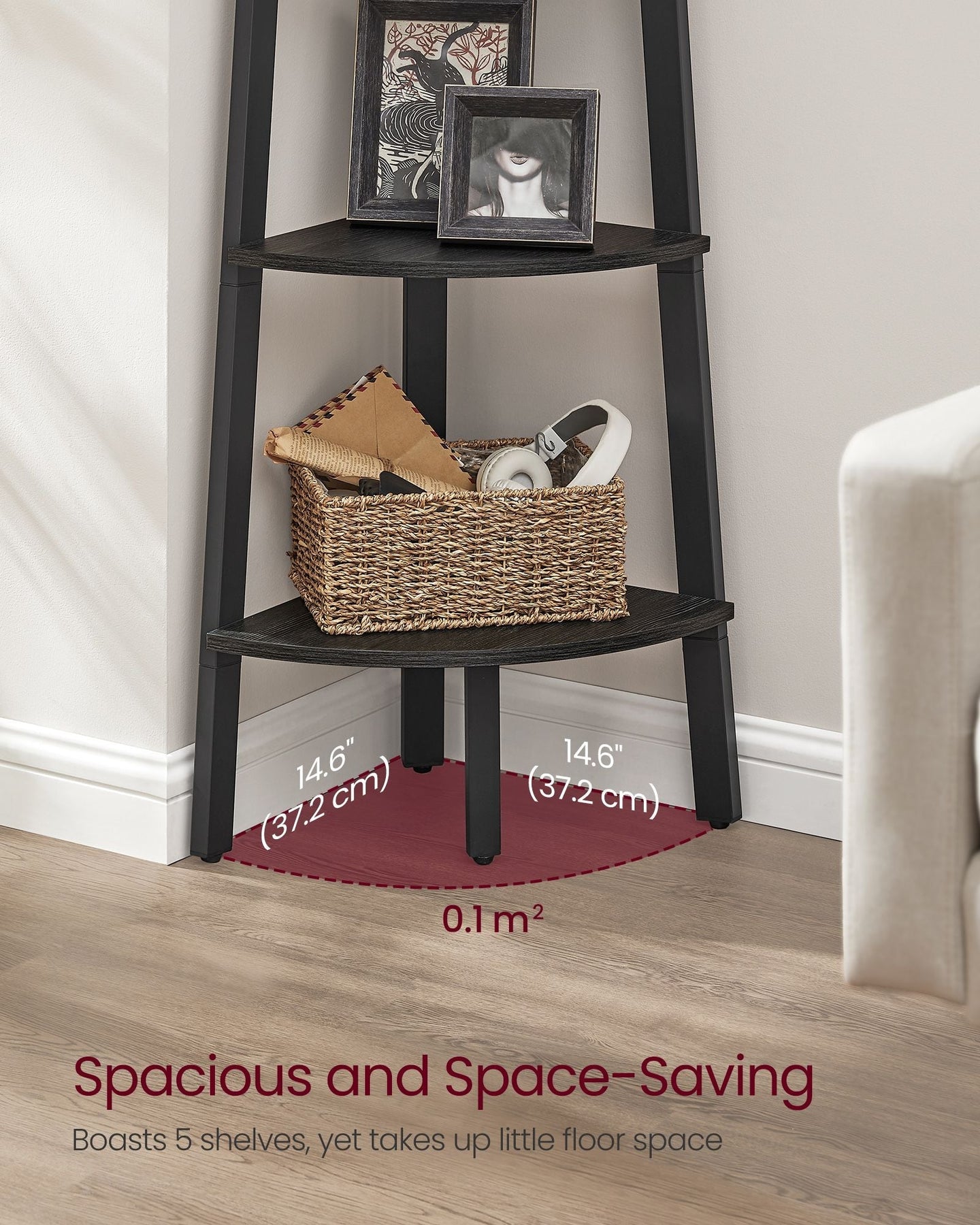5-Tier Corner Shelf Unit - Wood - Charcoal Gray