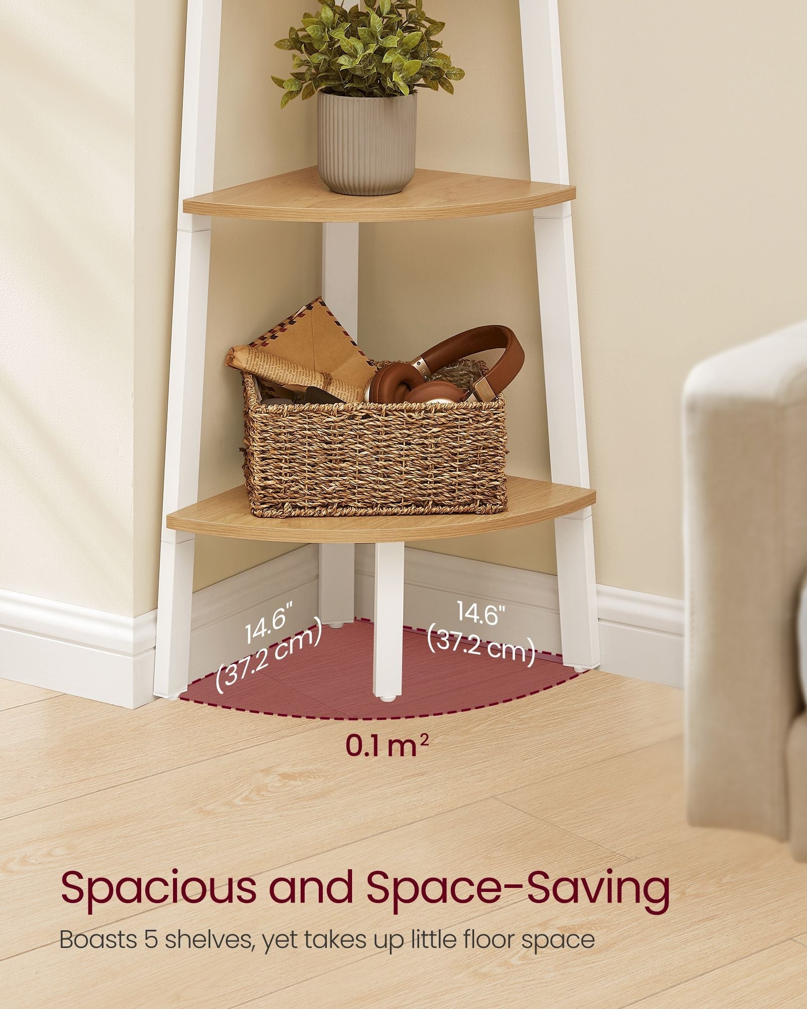 5-Tier Corner Shelf Unit - Natural Oak - Versatile Design for Living Room and Plant Display