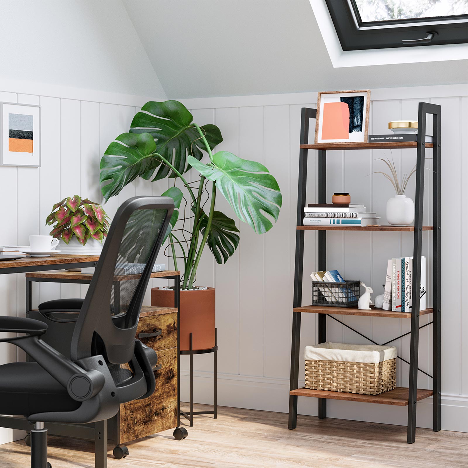 4-Tier Ladder Shelf - Wood - Hazelnut Brown and Black - Bedroom