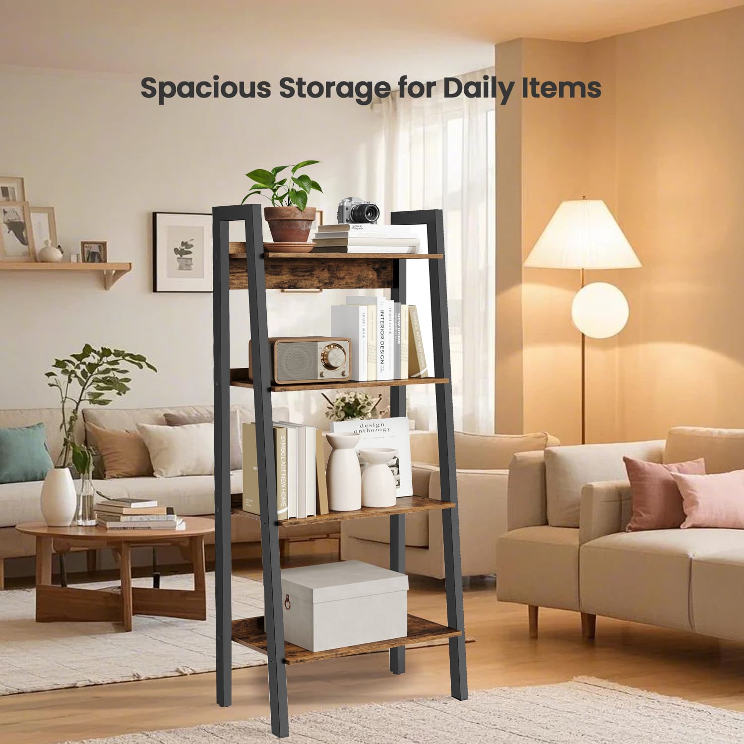 4-Tier Bookcase - Metal Frame - Rustic Brown and Black - Freestanding Storage Shelf