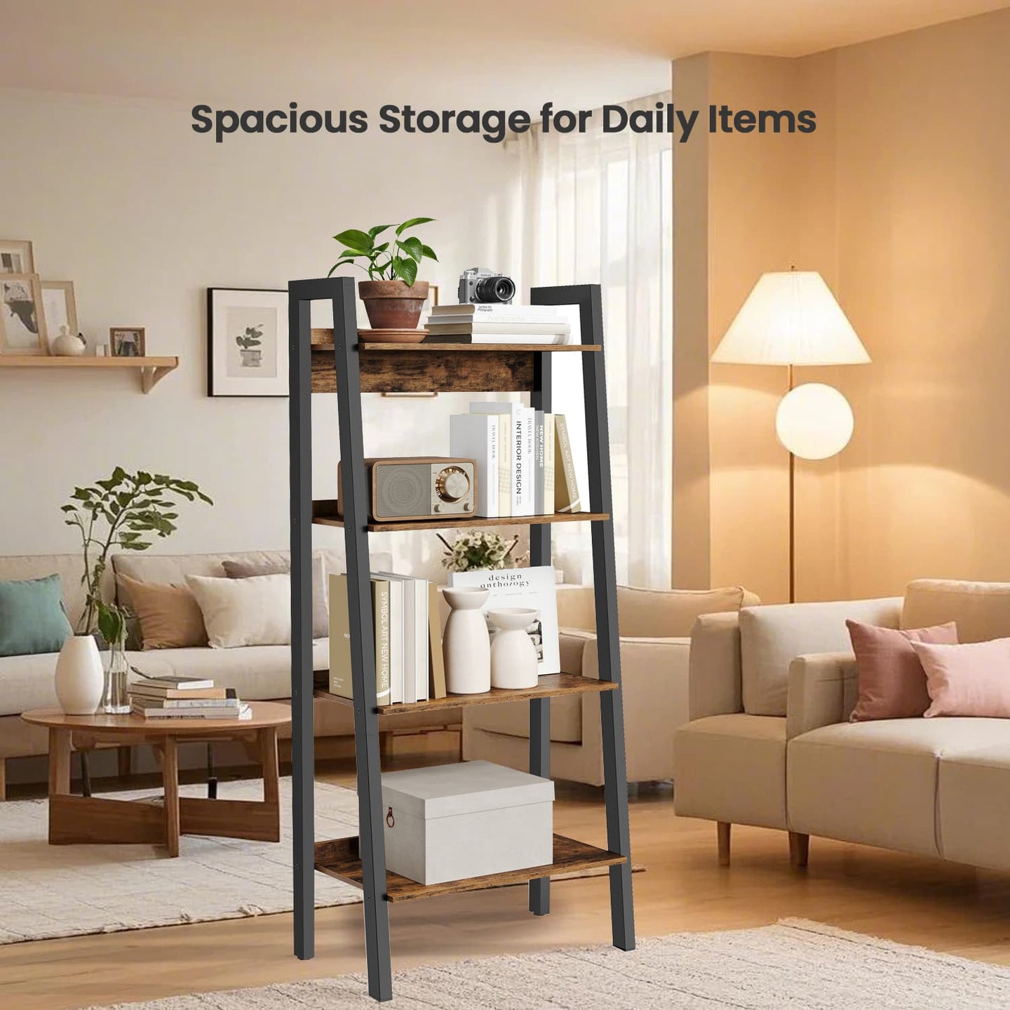 4-Tier Bookcase - Metal Frame - Rustic Brown and Black - Freestanding Storage Shelf
