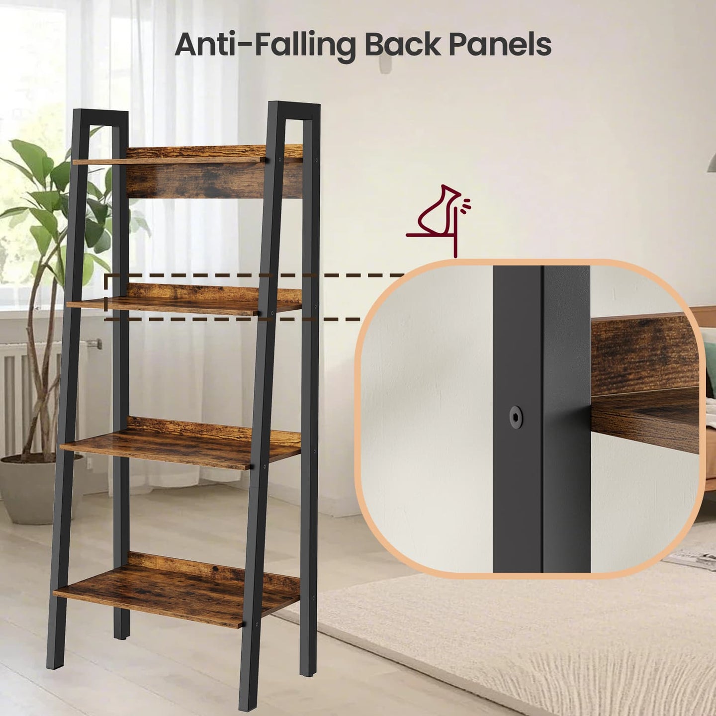 4-Tier Bookcase - Metal Frame - Rustic Brown and Black - Freestanding Storage Shelf