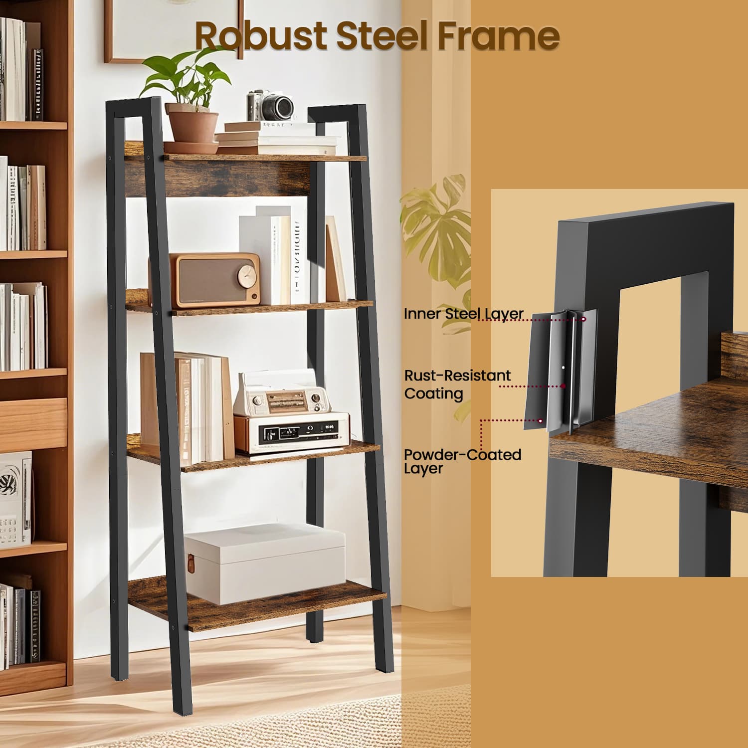4-Tier Bookcase - Metal Frame - Rustic Brown and Black - Freestanding Storage Shelf