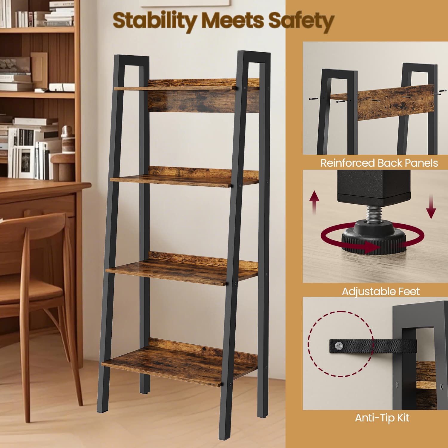 4-Tier Bookcase - Metal Frame - Rustic Brown and Black - Freestanding Storage Shelf
