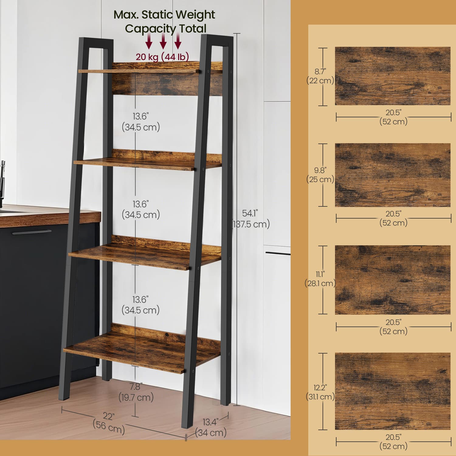 4-Tier Bookcase - Metal Frame - Rustic Brown and Black - Freestanding Storage Shelf