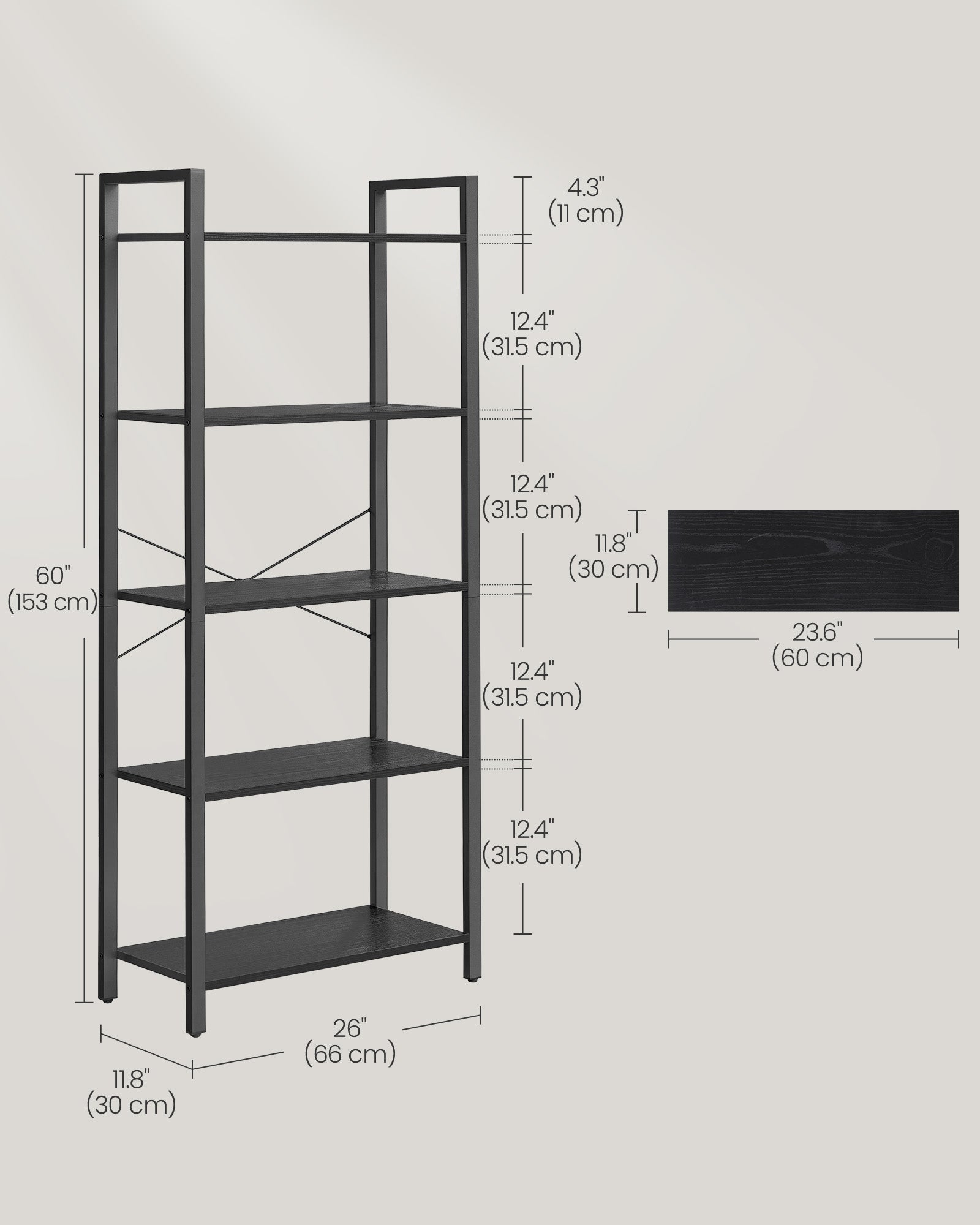5-Tier Bookshelf - Steel Frame - Ebony Black