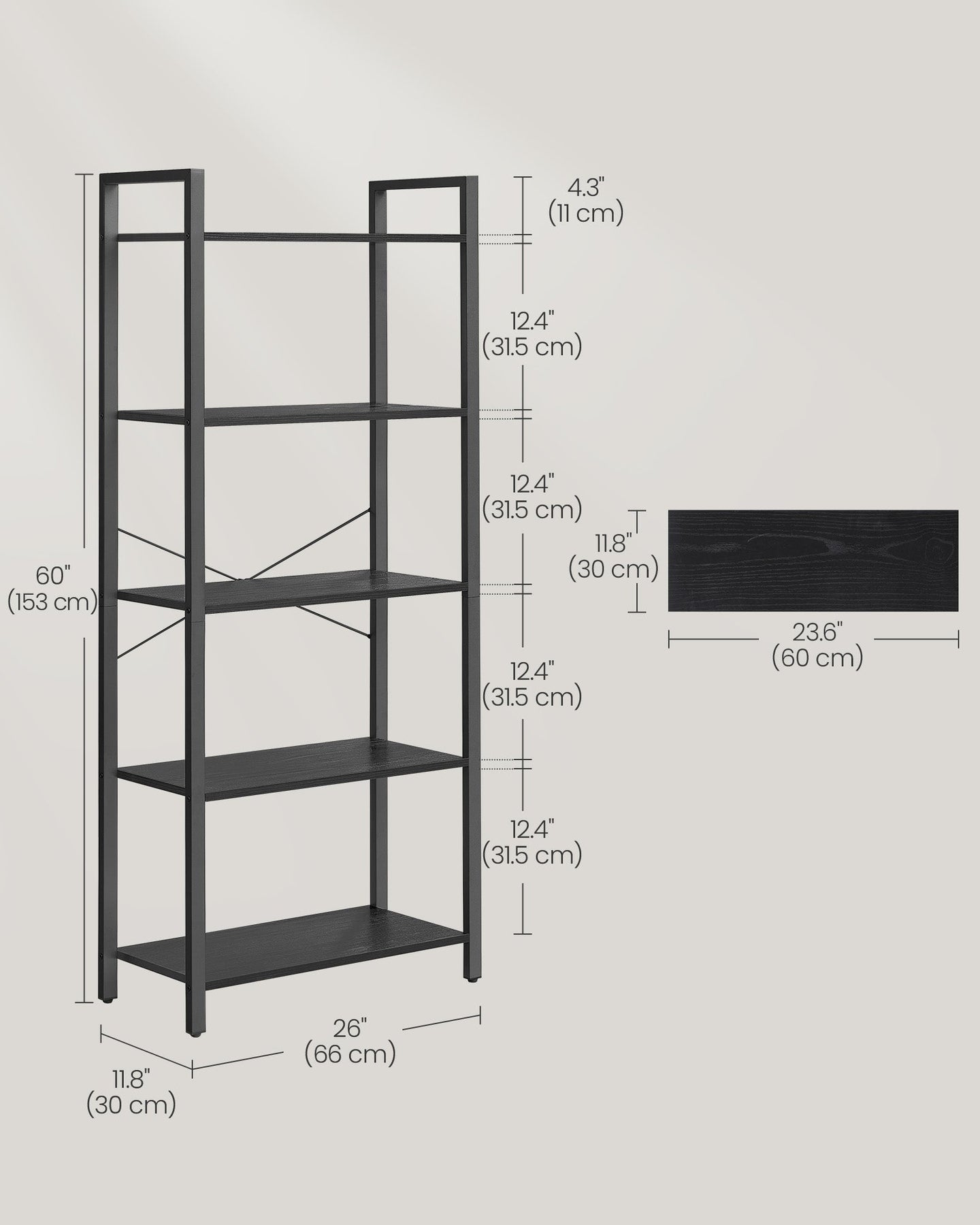 5-Tier Bookshelf - Steel Frame - Ebony Black