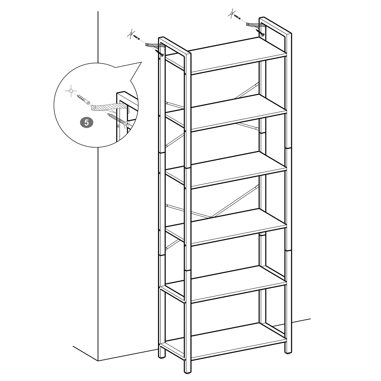 6-Tier Bookcase - Steel Frame - Special Walnut and Black - Freestanding Design
