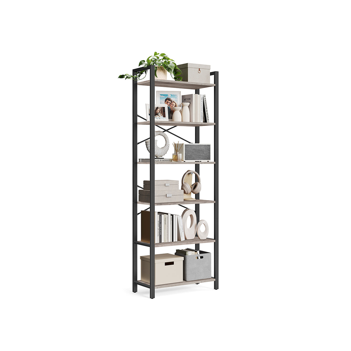 Industrial 6-Tier Bookcase - Steel - Heather Greige and Black - Adjustable Shelves