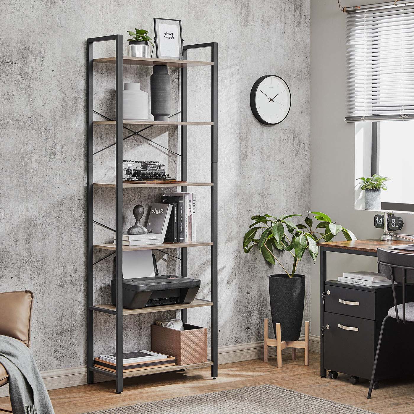 Industrial 6-Tier Bookcase - Steel - Heather Greige and Black - Adjustable Shelves
